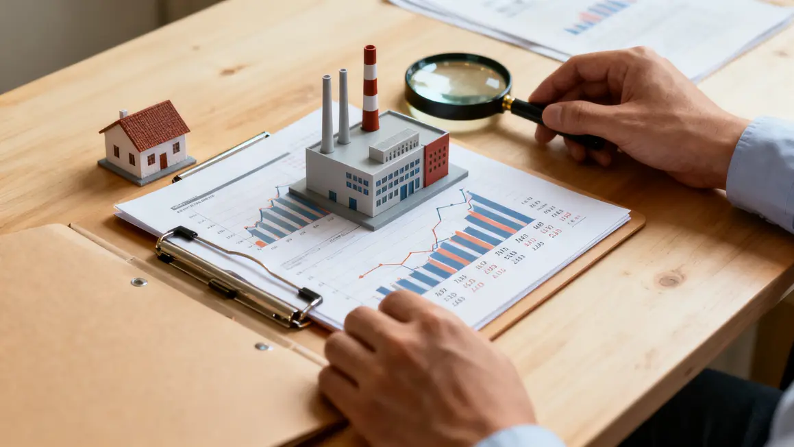 Dossier ouvert, graphiques financiers, mini usine et maison, audit entreprise familiale