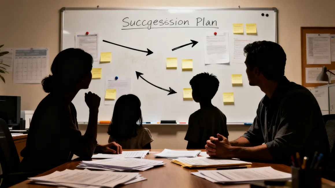 Famille planifiant la transmission d'entreprise, documents et post-it