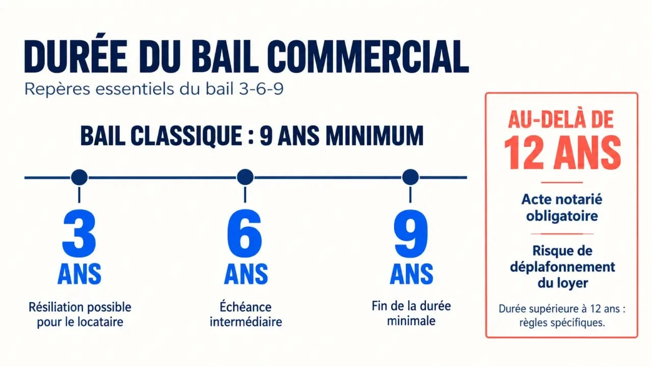 Durée bail commercial : échéances du bail 3-6-9 et seuil de 12 ans