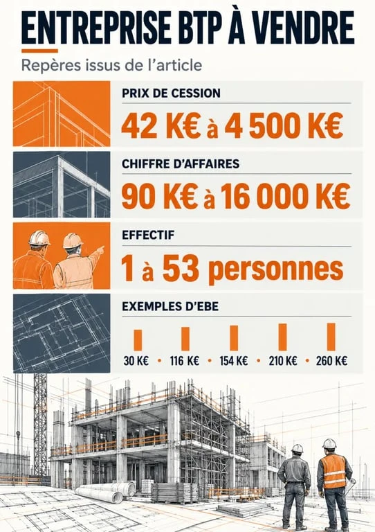 Infographie sur les indicateurs d'une entreprise BTP à vendre : prix, chiffre d'affaires, EBE et effectif