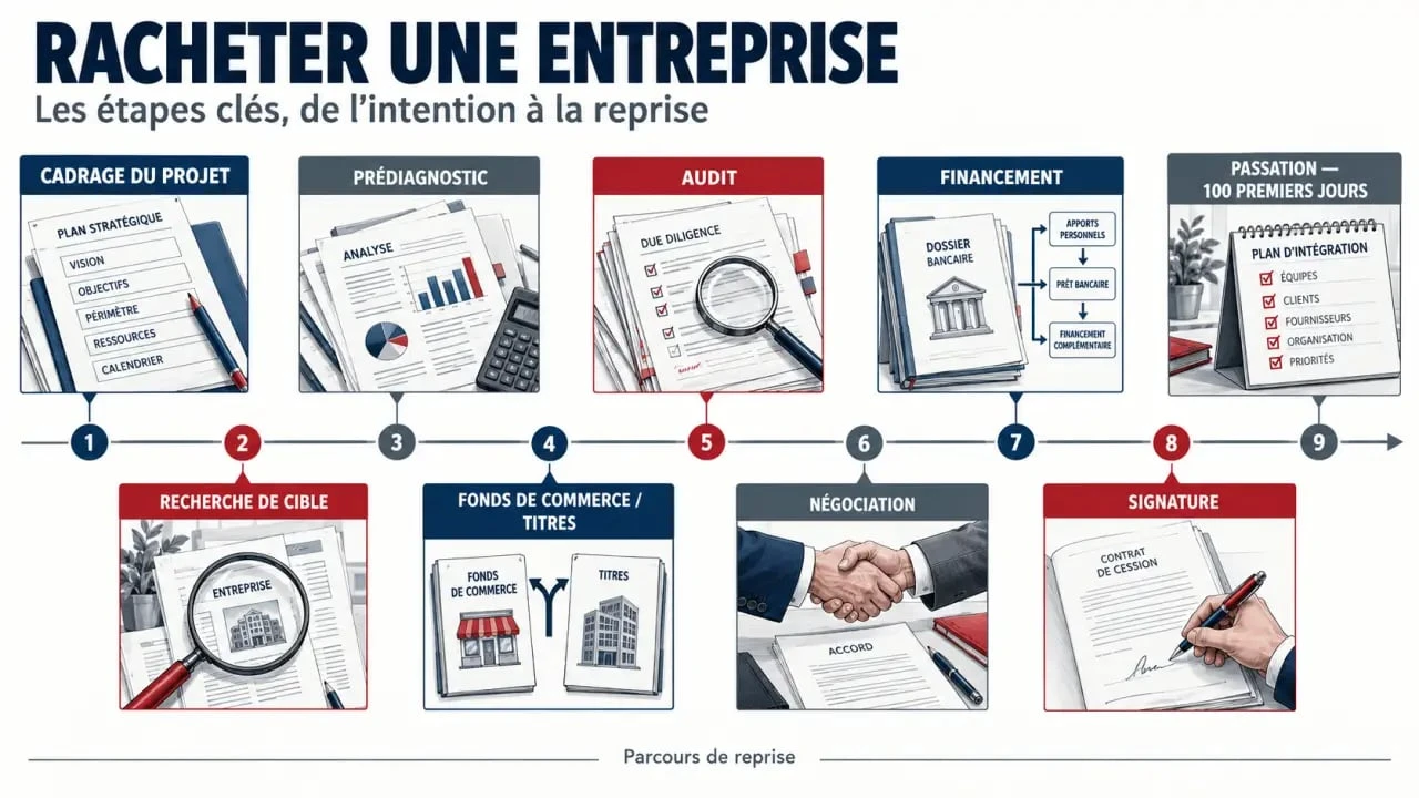 Parcours visuel pour racheter une entreprise, de la recherche de cible à la signature