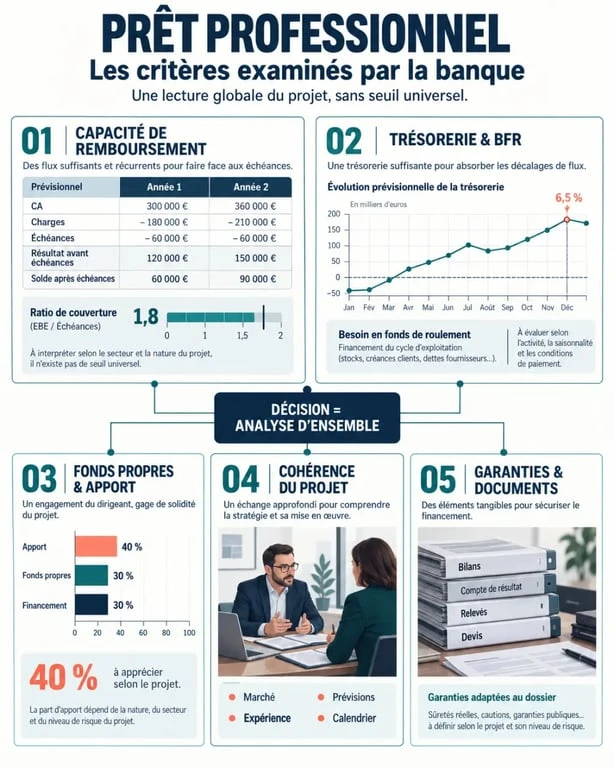 Infographie sur que regarde la banque pour un prêt professionnel : ratios, trésorerie, apport, garanties et documents