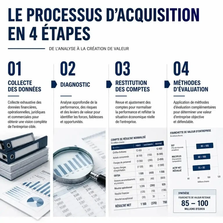 Évaluer une entreprise avant rachat : 3 méthodes pour fixer un prix juste et finançable 1 Infographie des étapes pour évaluer la valeur d'une entreprise avant un rachat