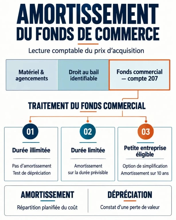 Infographie sur l'amortissement fonds de commerce, la ventilation du compte 207 et la distinction entre amortissement et dépréciation