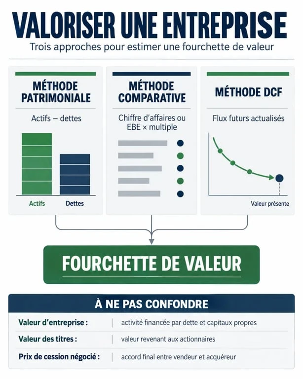 Valorisation d’une entreprise : 3 méthodes pour fixer une valeur défendable 1 Infographie sur la valorisation d’une entreprise et les méthodes patrimoniale, comparative et DCF