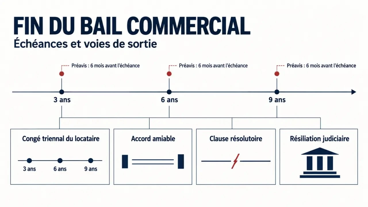 Fin de bail commercial : partir à temps ou rester engagé trois ans de plus 1 Fin bail commercial : frise du bail 3-6-9 et principales procédures de résiliation