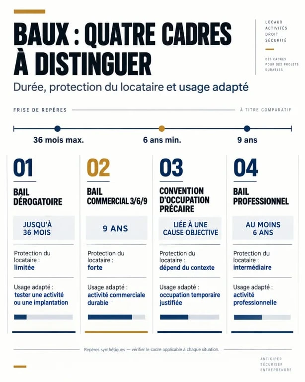 Infographie comparative du bail commercial précaire et des autres contrats locatifs